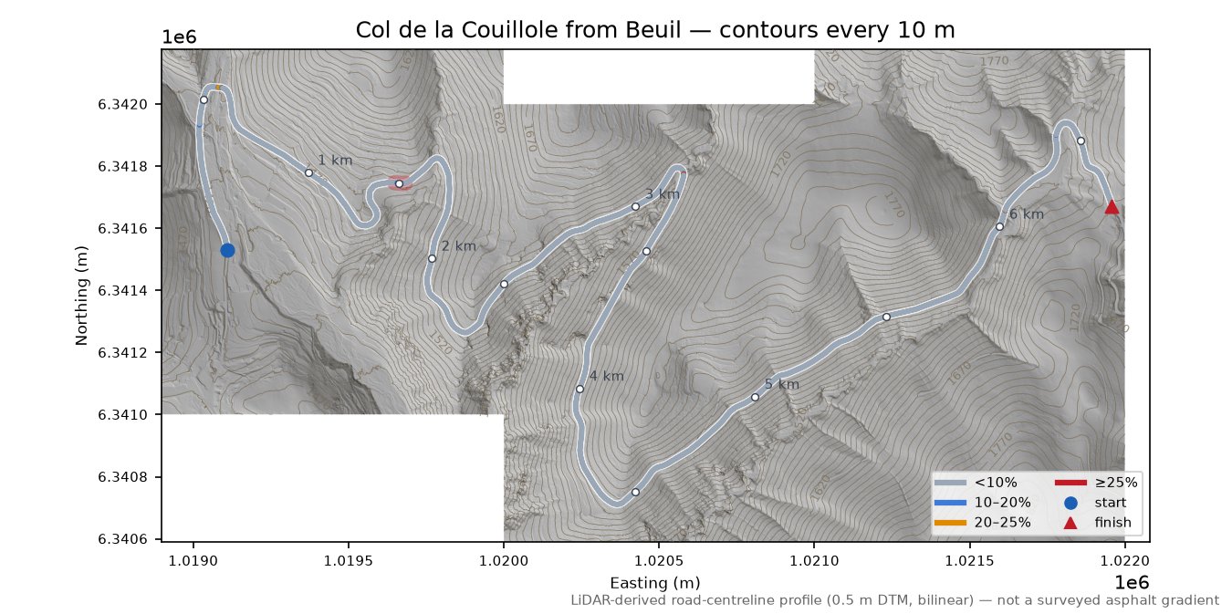 Col de la Couillole from Beuil LiDAR hillshade map with contours