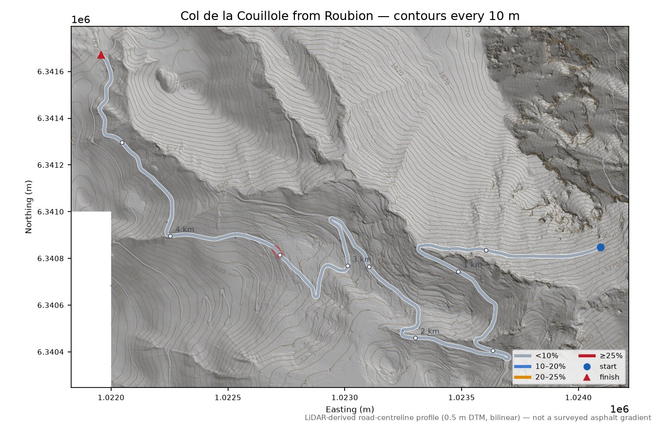 Col de la Couillole from Roubion LiDAR hillshade map with contours