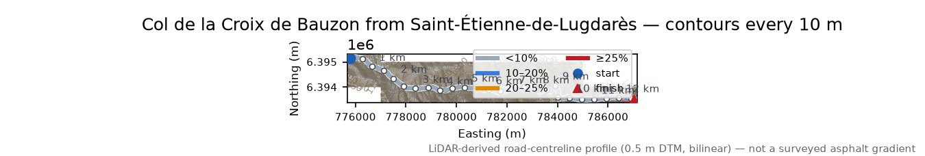 Col de la Croix de Bauzon from Saint-Étienne-de-Lugdarès LiDAR hillshade map with contours
