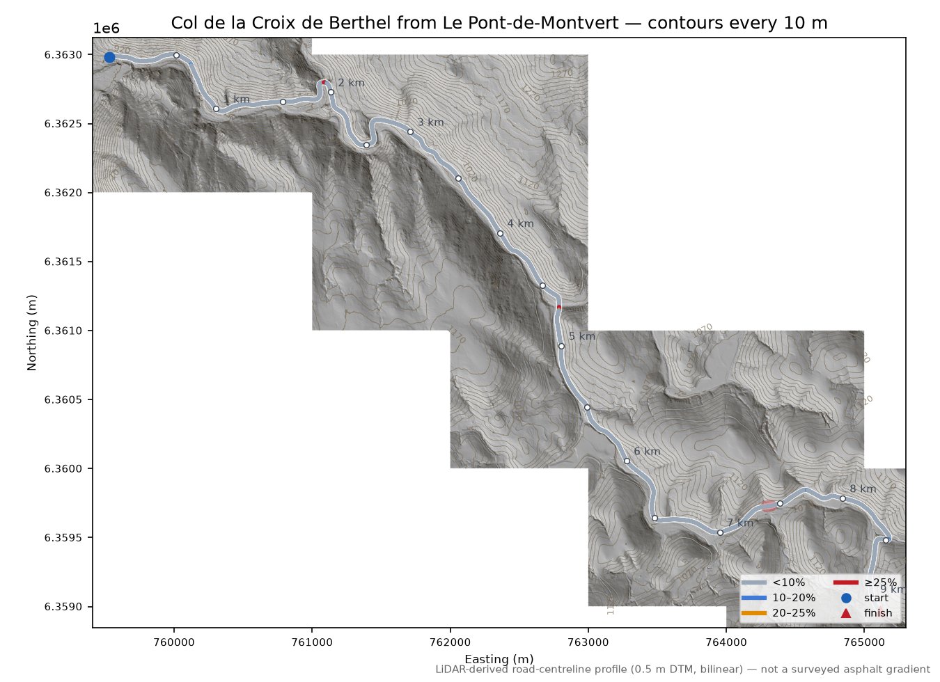 Col de la Croix de Berthel from Le Pont-de-Montvert LiDAR hillshade map with contours