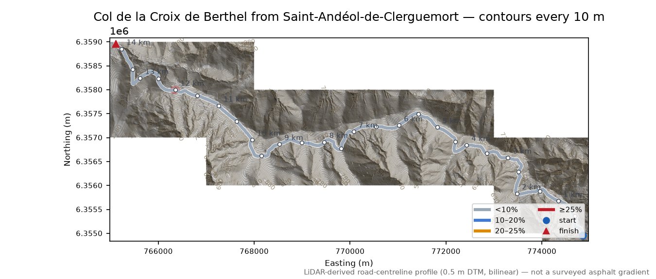 Col de la Croix de Berthel from Saint-Andéol-de-Clerguemort LiDAR hillshade map with contours