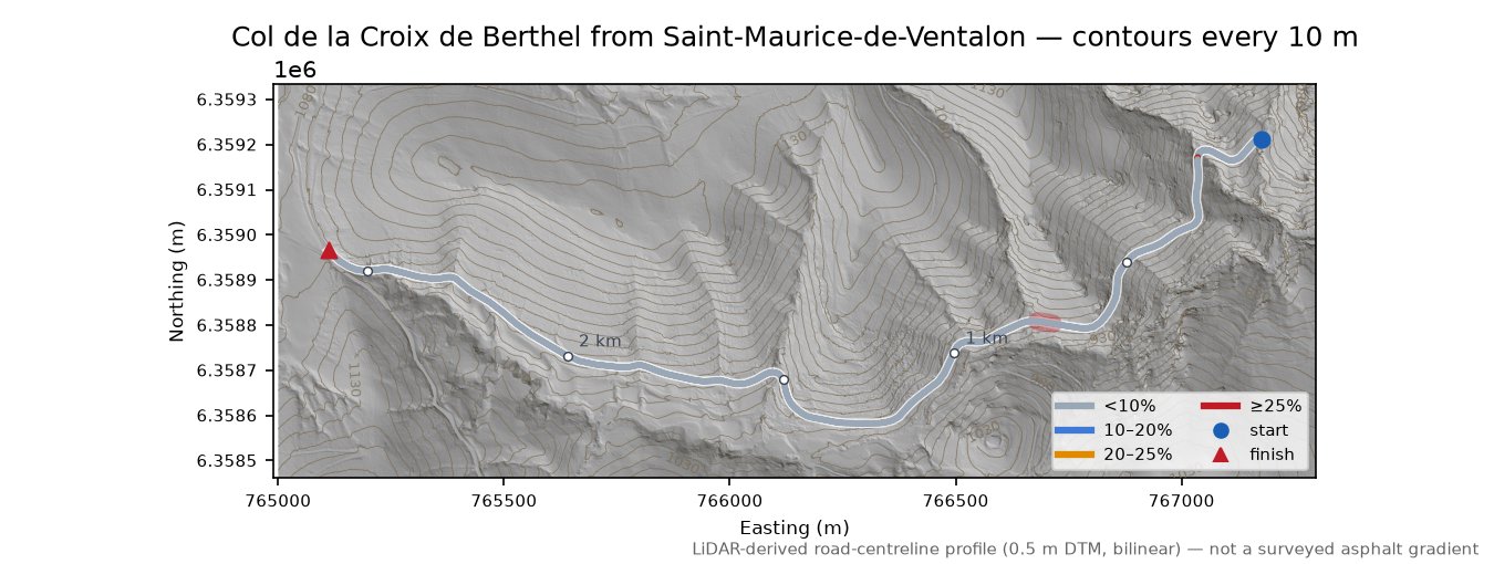 Col de la Croix de Berthel from Saint-Maurice-de-Ventalon LiDAR hillshade map with contours