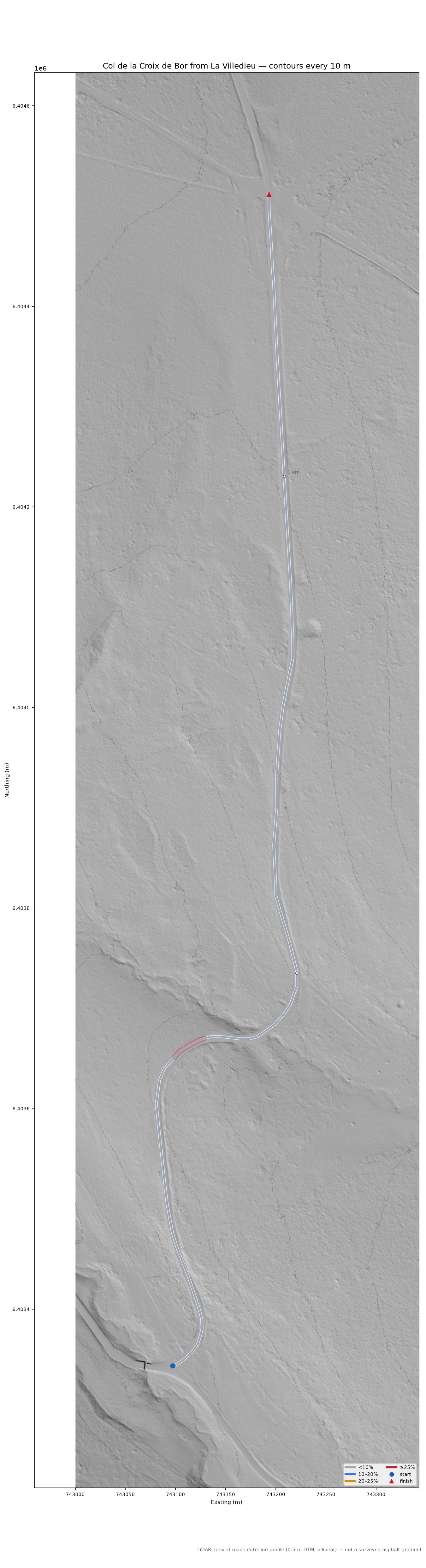 Col de la Croix de Bor from La Villedieu LiDAR hillshade map with contours