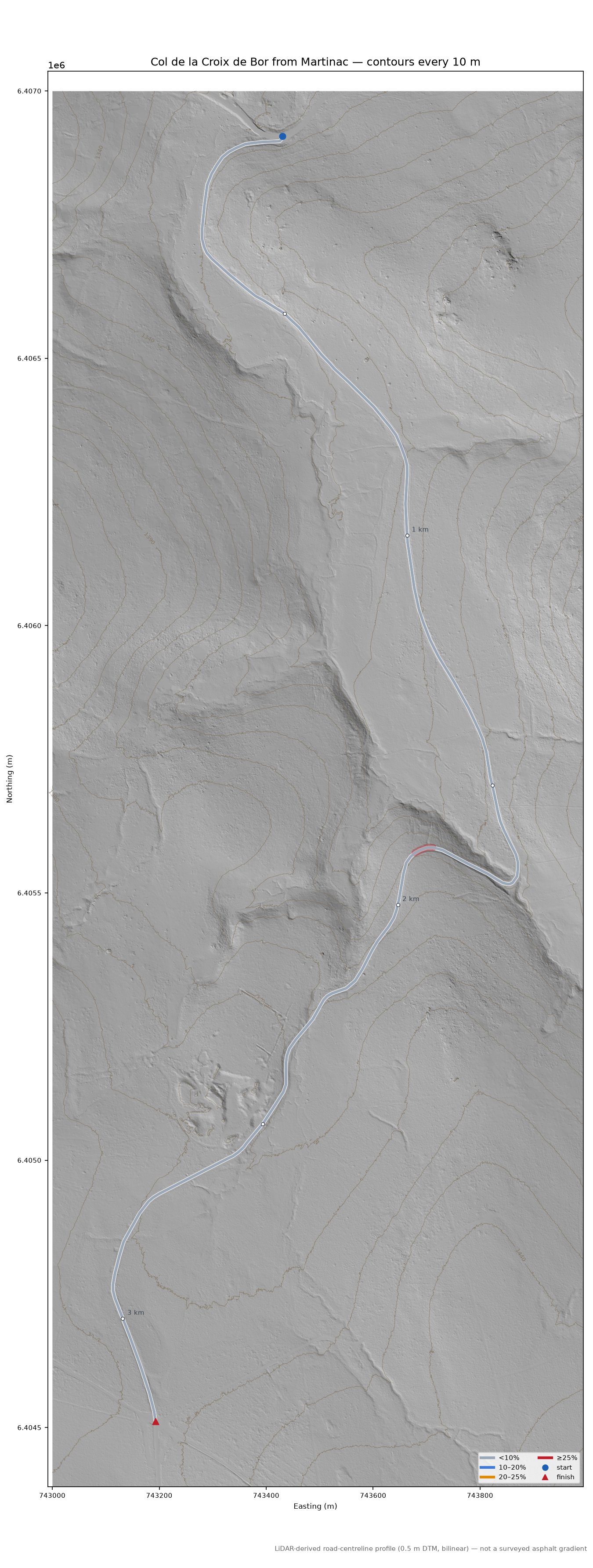 Col de la Croix de Bor from Martinac LiDAR hillshade map with contours