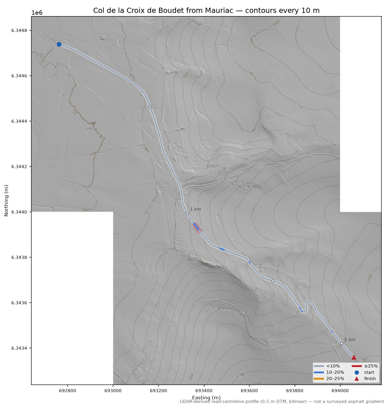 Col de la Croix de Boudet from Mauriac LiDAR hillshade map with contours