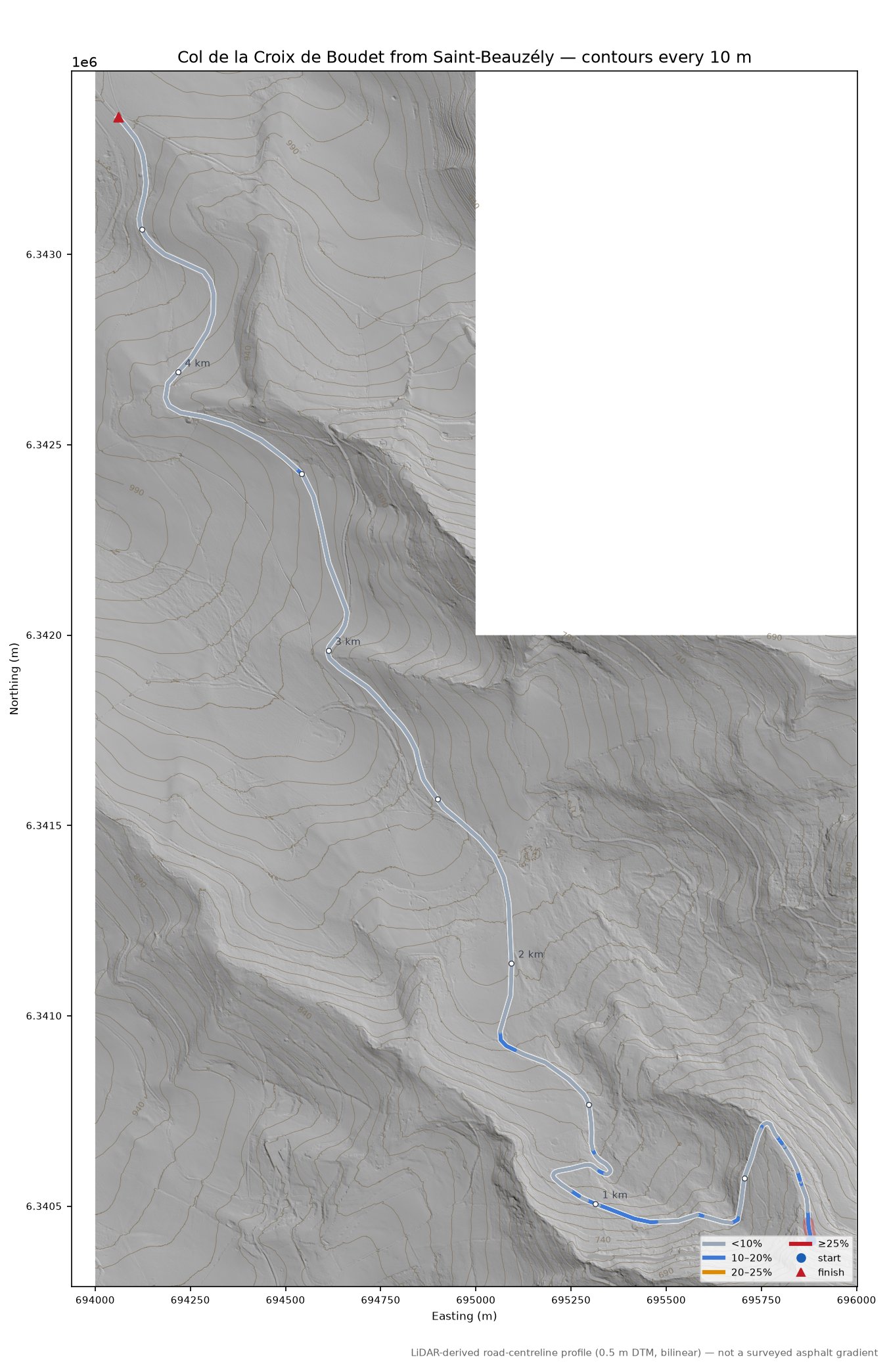 Col de la Croix de Boudet from Saint-Beauzély LiDAR hillshade map with contours