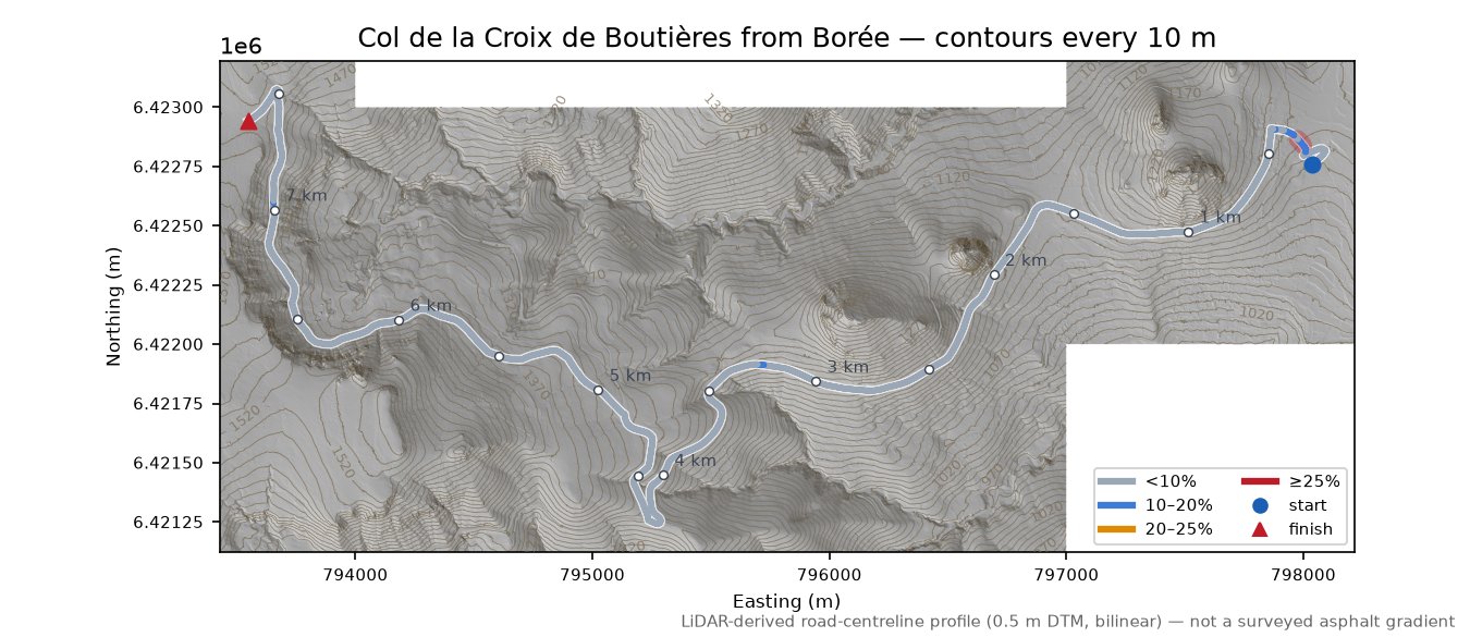 Col de la Croix de Boutières from Borée LiDAR hillshade map with contours