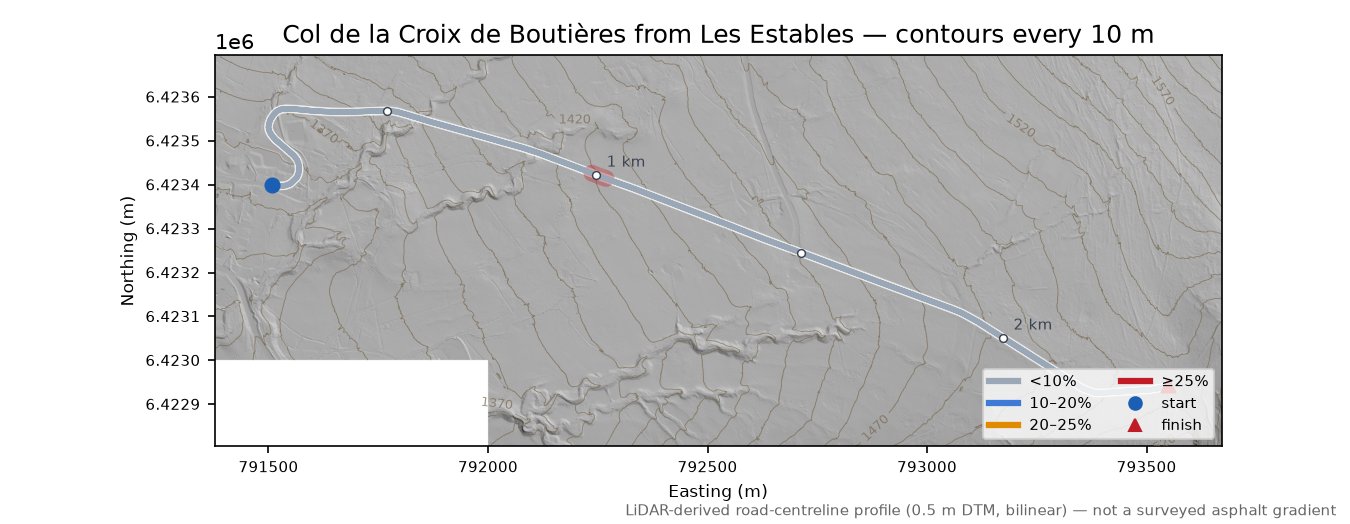 Col de la Croix de Boutières from Les Estables LiDAR hillshade map with contours