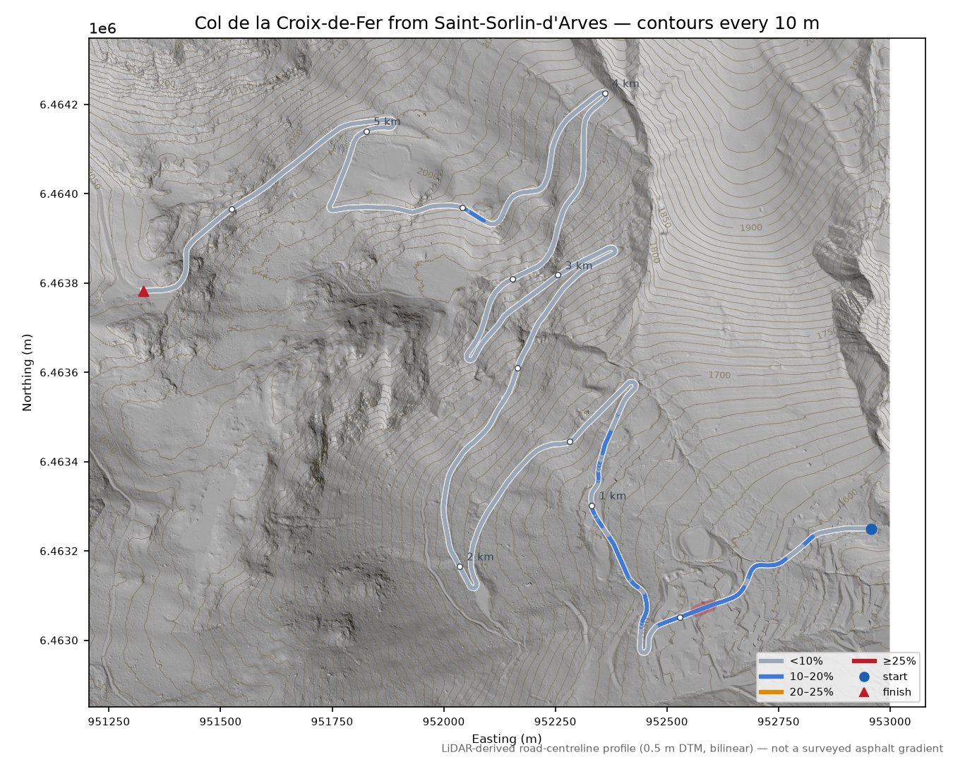 Col de la Croix-de-Fer from Saint-Sorlin-d'Arves LiDAR hillshade map with contours