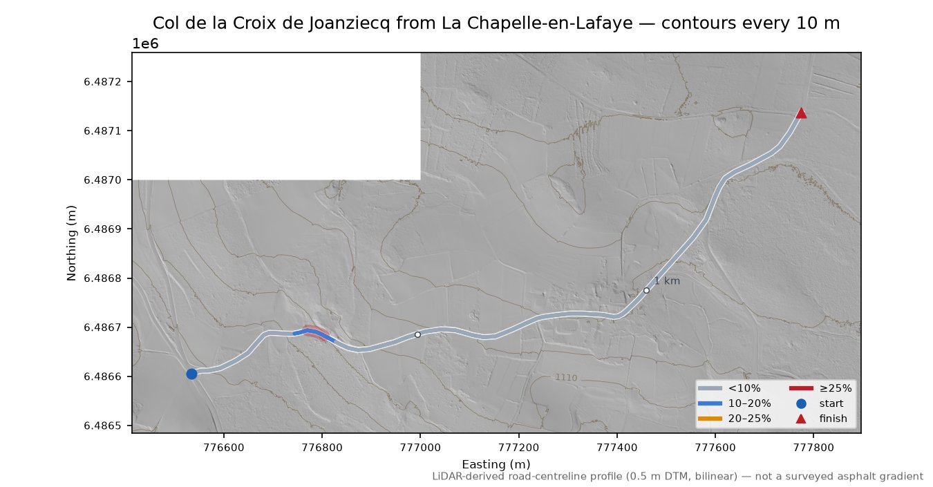 Col de la Croix de Joanziecq from La Chapelle-en-Lafaye LiDAR hillshade map with contours