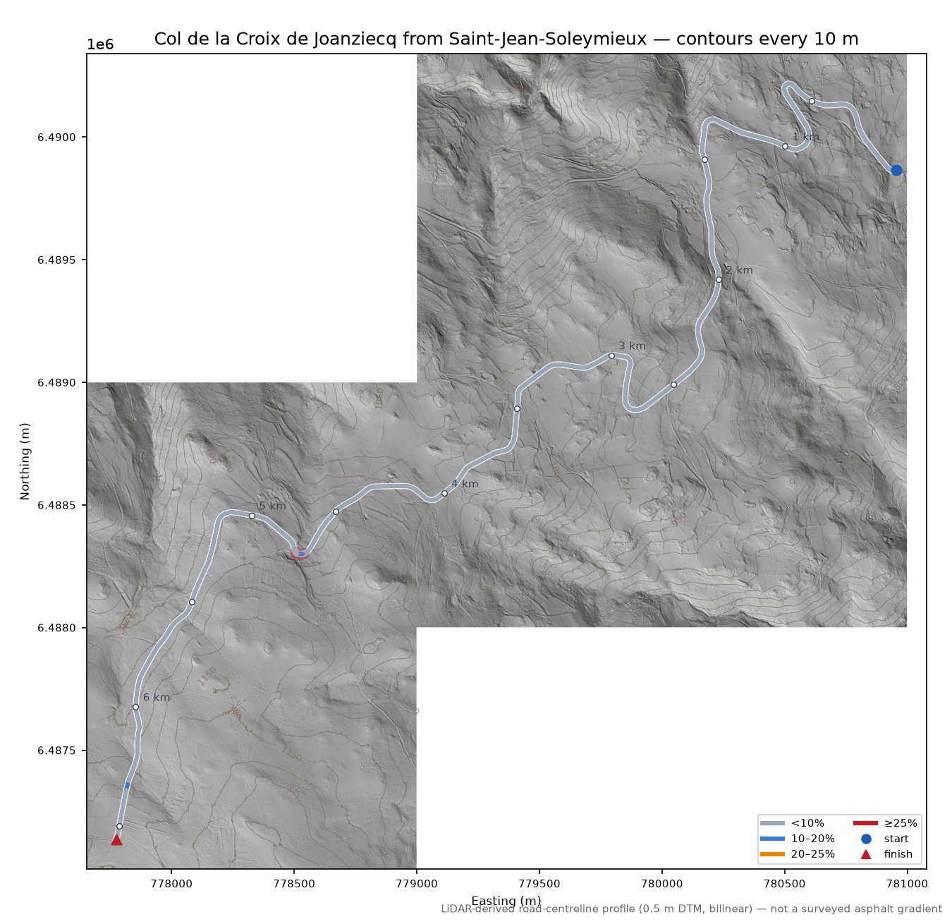 Col de la Croix de Joanziecq from Saint-Jean-Soleymieux LiDAR hillshade map with contours