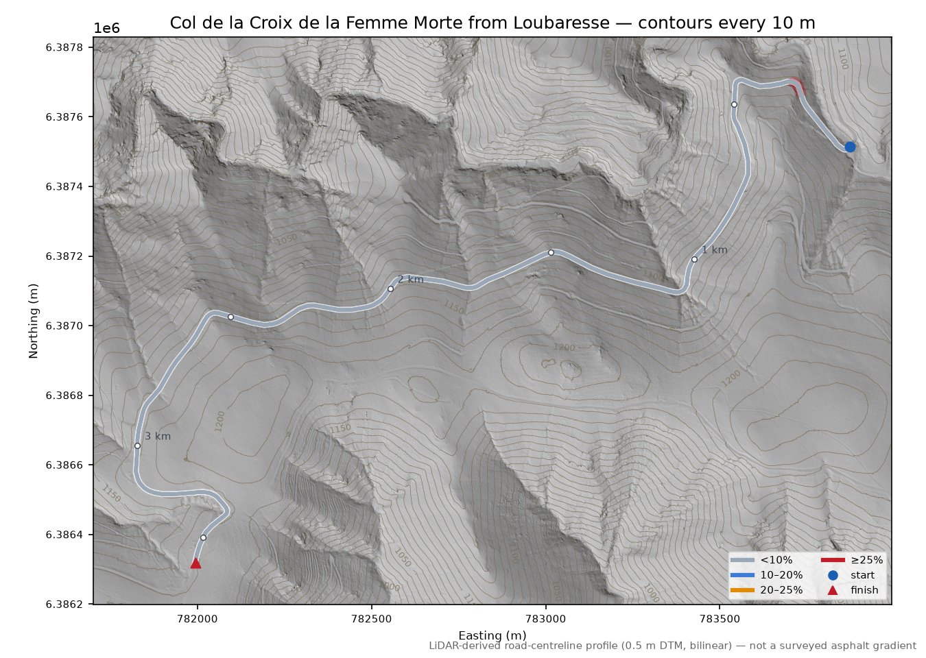 Col de la Croix de la Femme Morte from Loubaresse LiDAR hillshade map with contours