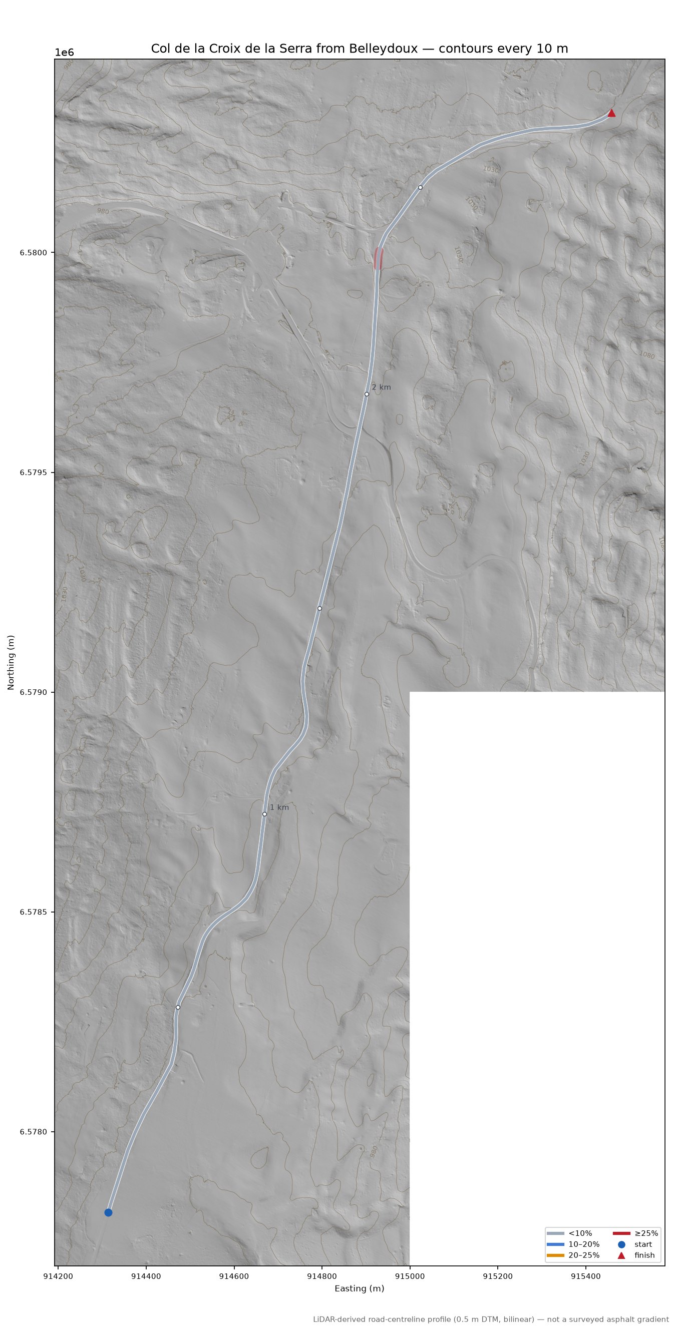 Col de la Croix de la Serra from Belleydoux LiDAR hillshade map with contours