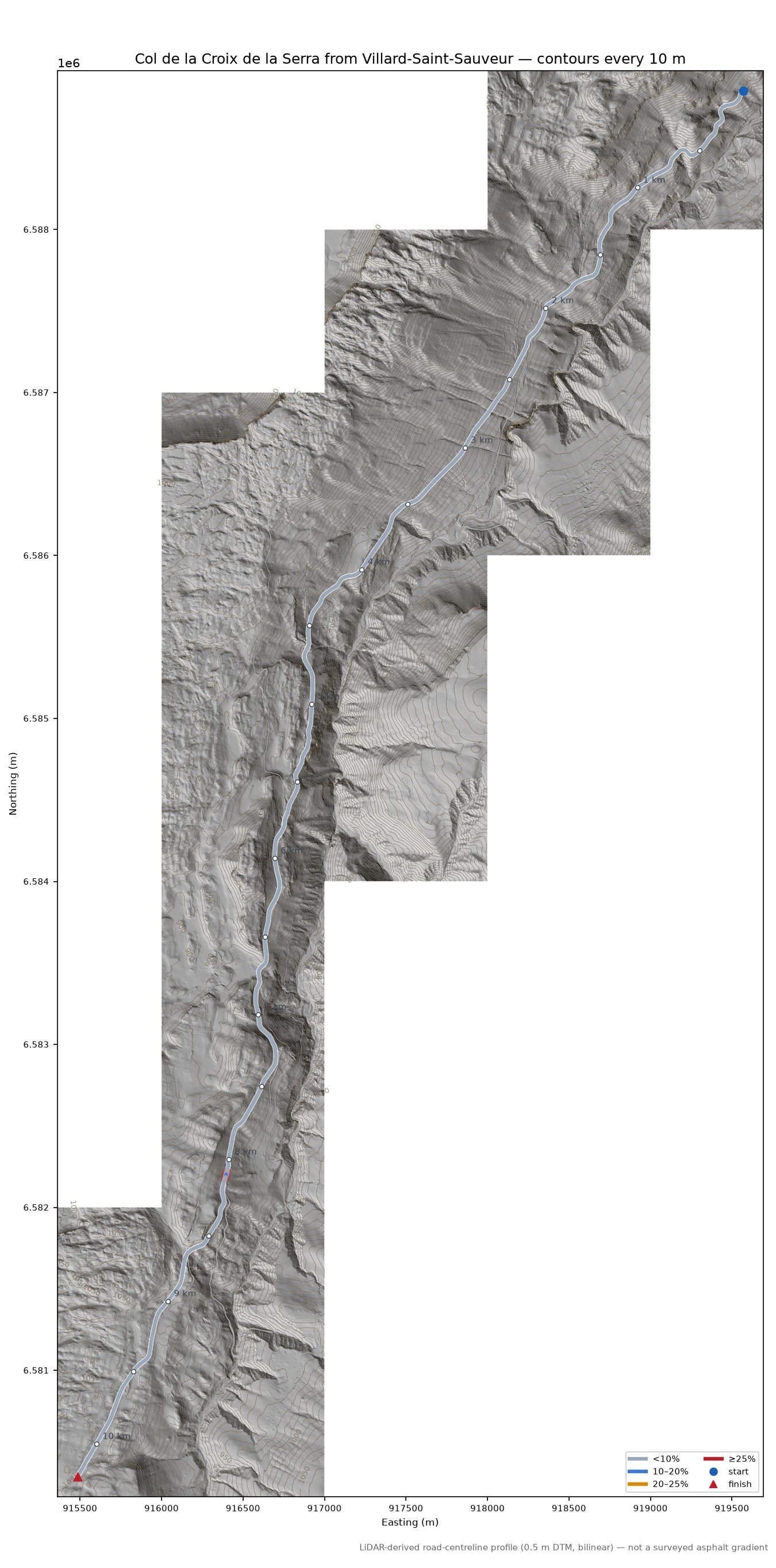 Col de la Croix de la Serra from Villard-Saint-Sauveur LiDAR hillshade map with contours