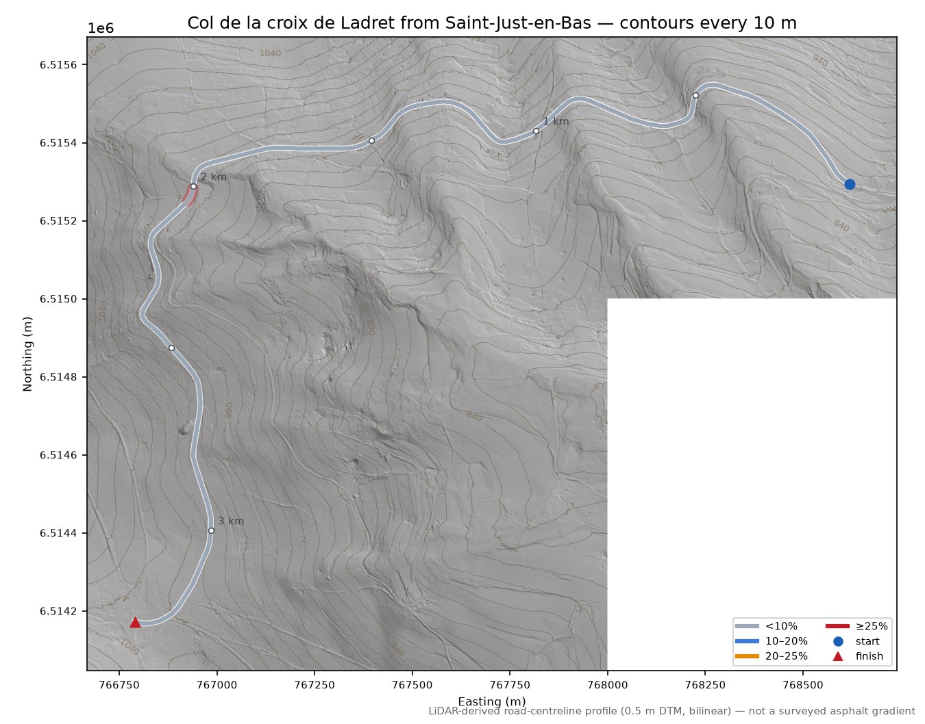 Col de la croix de Ladret from Saint-Just-en-Bas LiDAR hillshade map with contours