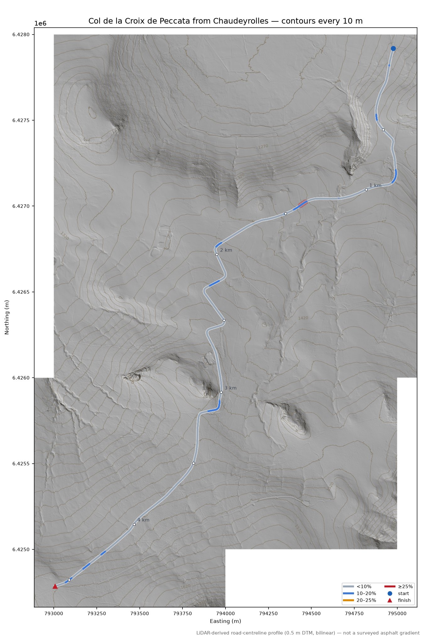 Col de la Croix de Peccata from Chaudeyrolles LiDAR hillshade map with contours