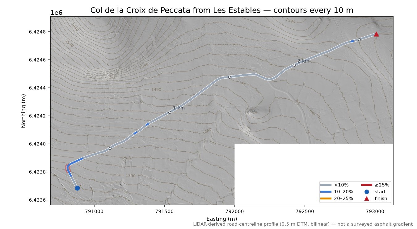 Col de la Croix de Peccata from Les Estables LiDAR hillshade map with contours