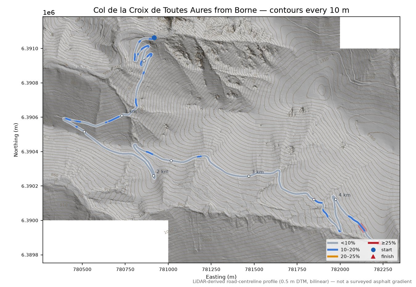 Col de la Croix de Toutes Aures from Borne LiDAR hillshade map with contours