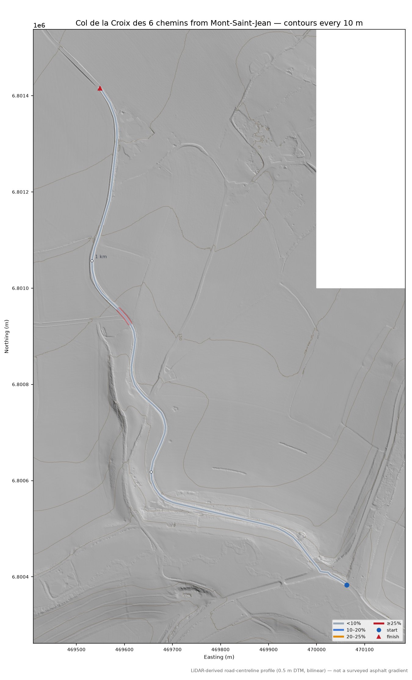 Col de la Croix des 6 chemins from Mont-Saint-Jean LiDAR hillshade map with contours