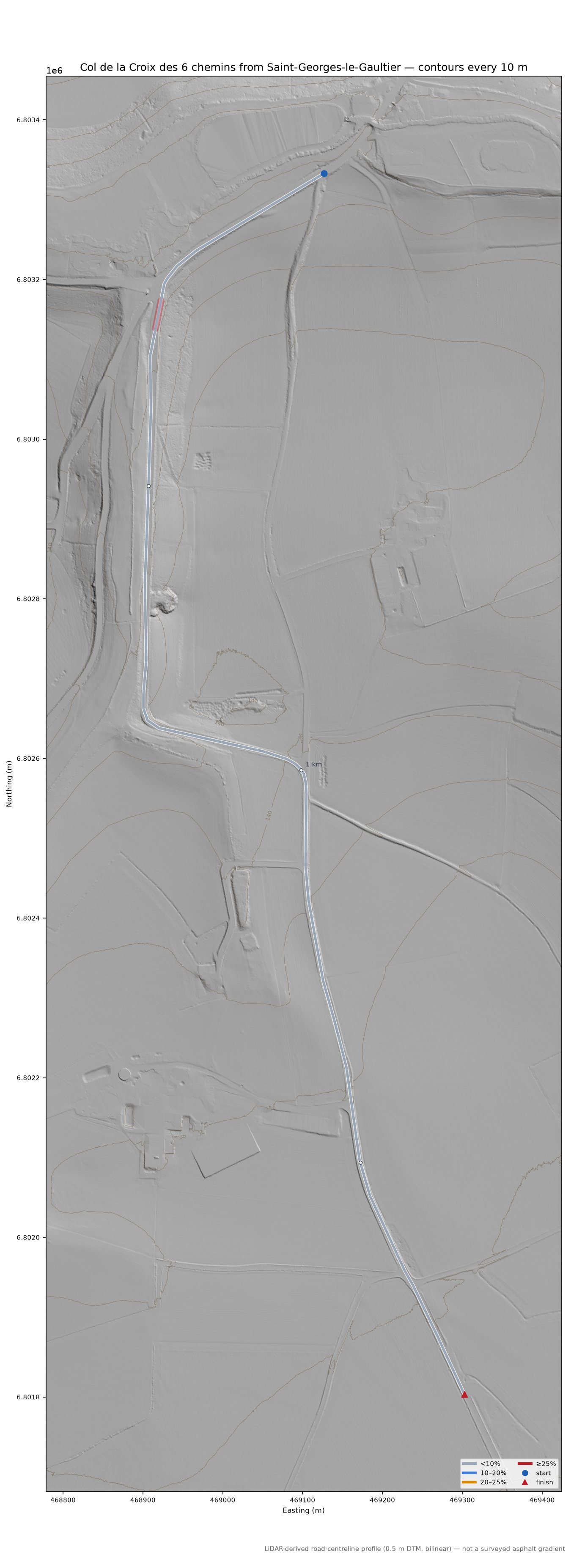 Col de la Croix des 6 chemins from Saint-Georges-le-Gaultier LiDAR hillshade map with contours