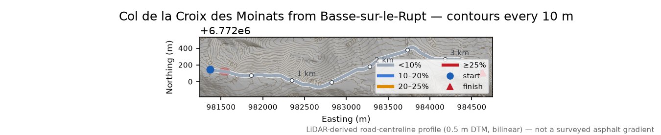 Col de la Croix des Moinats from Basse-sur-le-Rupt LiDAR hillshade map with contours