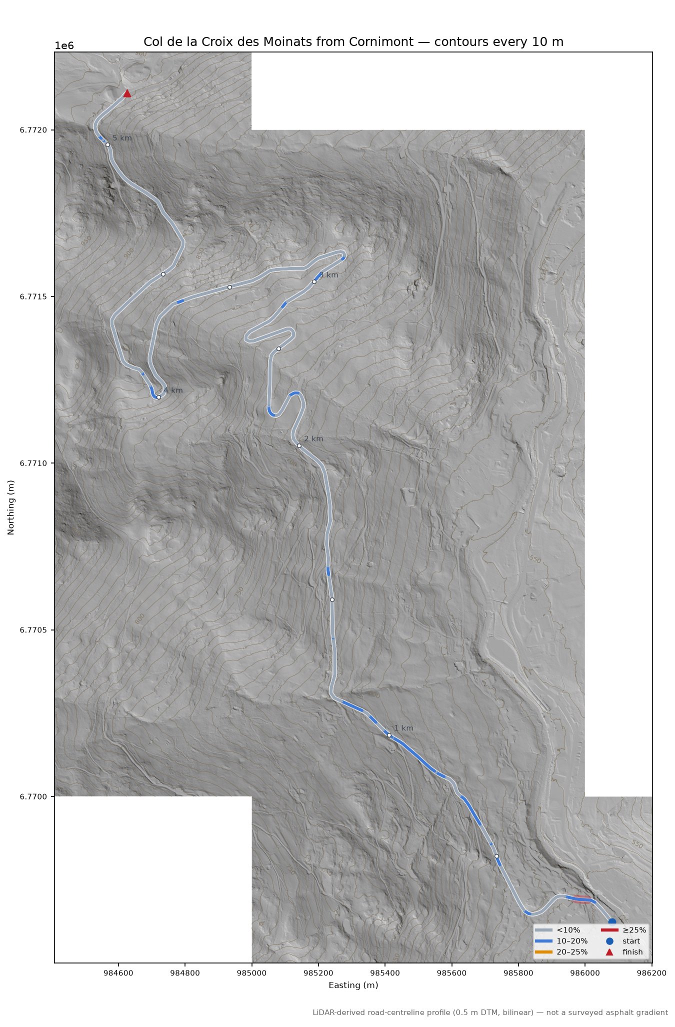 Col de la Croix des Moinats from Cornimont LiDAR hillshade map with contours