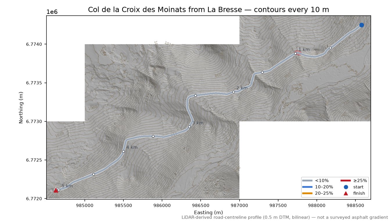 Col de la Croix des Moinats from La Bresse LiDAR hillshade map with contours