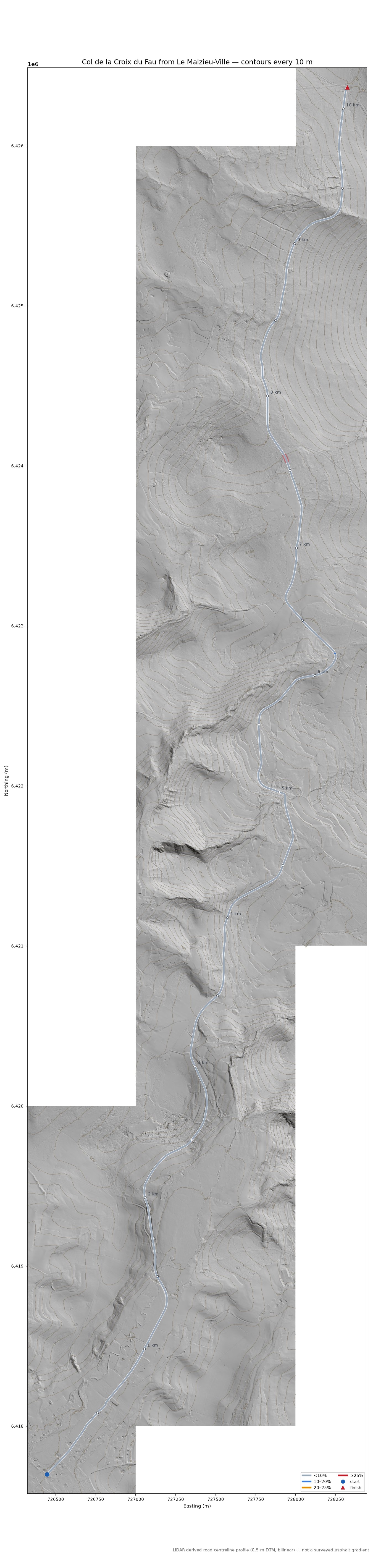 Col de la Croix du Fau from Le Malzieu-Ville LiDAR hillshade map with contours