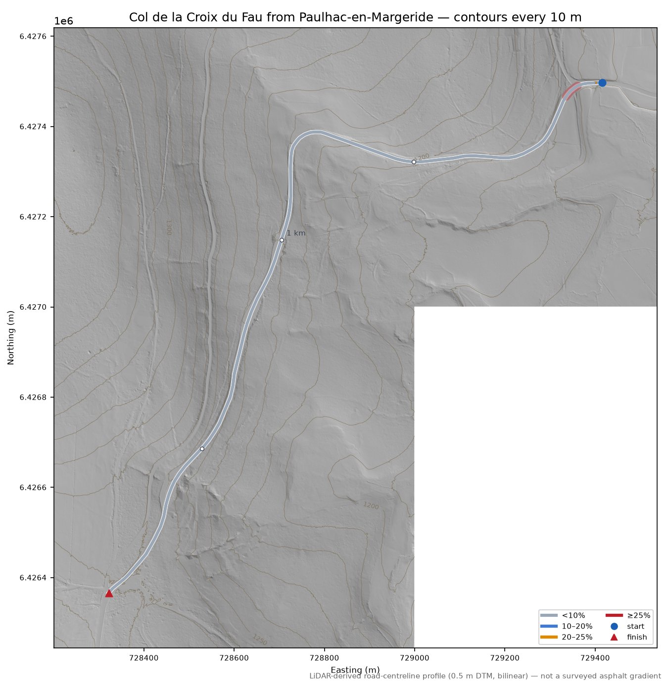 Col de la Croix du Fau from Paulhac-en-Margeride LiDAR hillshade map with contours