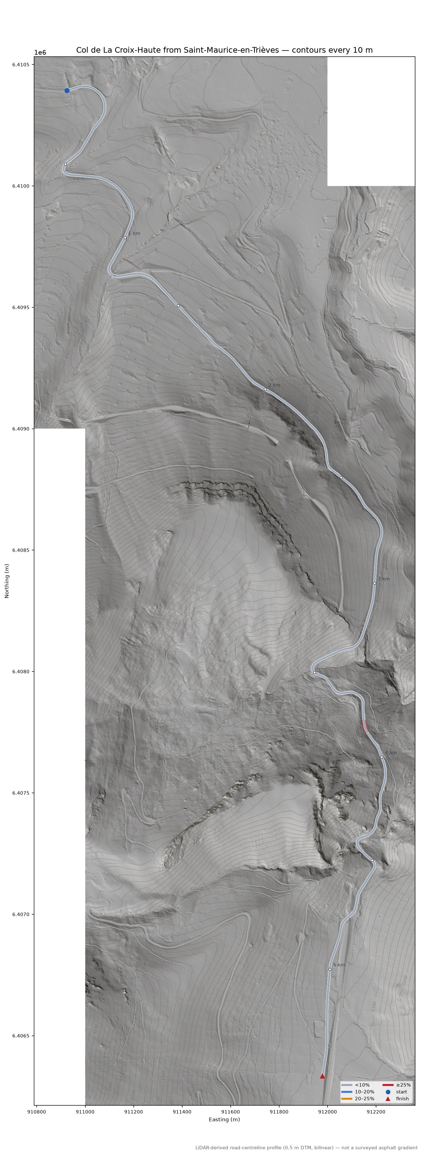 Col de La Croix-Haute from Saint-Maurice-en-Trièves LiDAR hillshade map with contours