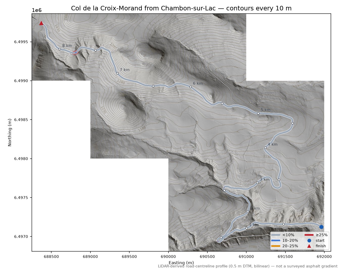 Col de la Croix-Morand from Chambon-sur-Lac LiDAR hillshade map with contours