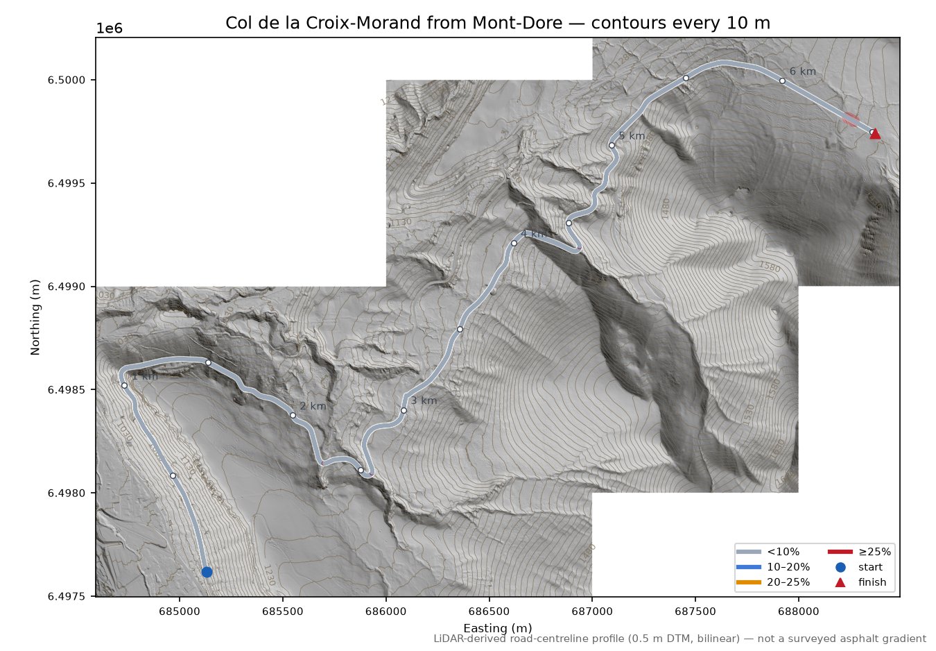Col de la Croix-Morand from Mont-Dore LiDAR hillshade map with contours