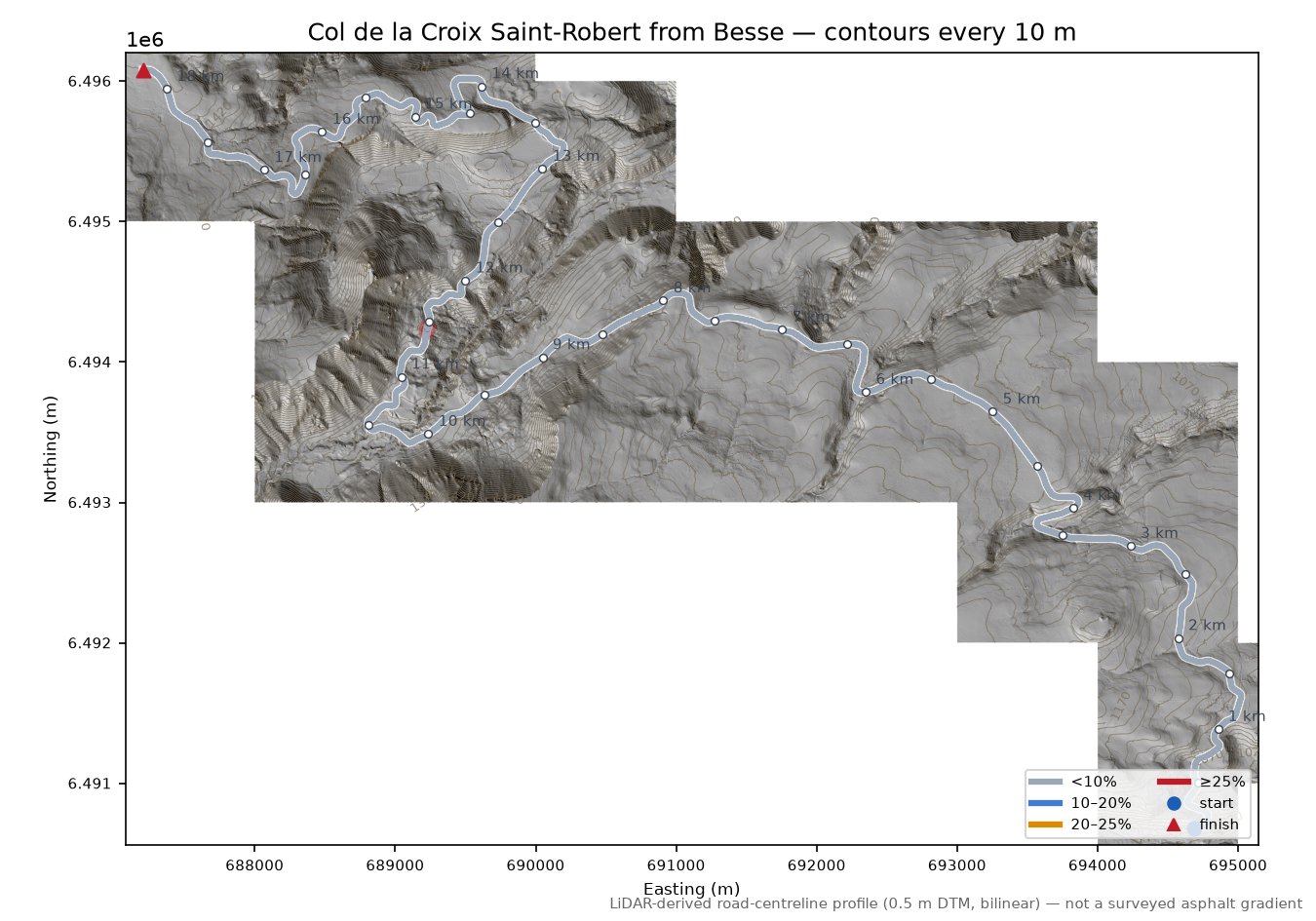 Col de la Croix Saint-Robert from Besse LiDAR hillshade map with contours