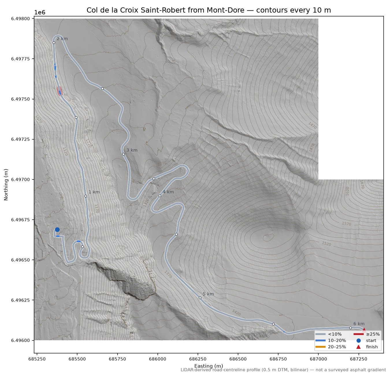 Col de la Croix Saint-Robert from Mont-Dore LiDAR hillshade map with contours