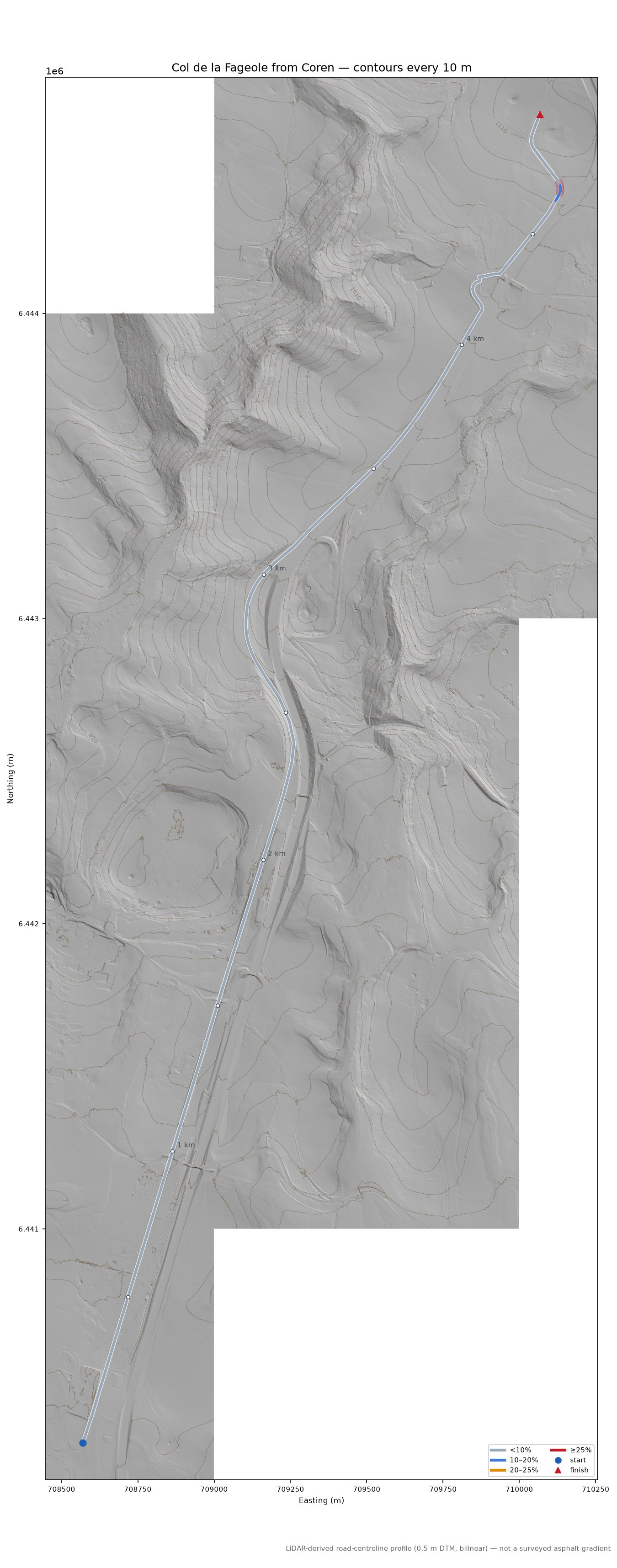 Col de la Fageole from Coren LiDAR hillshade map with contours