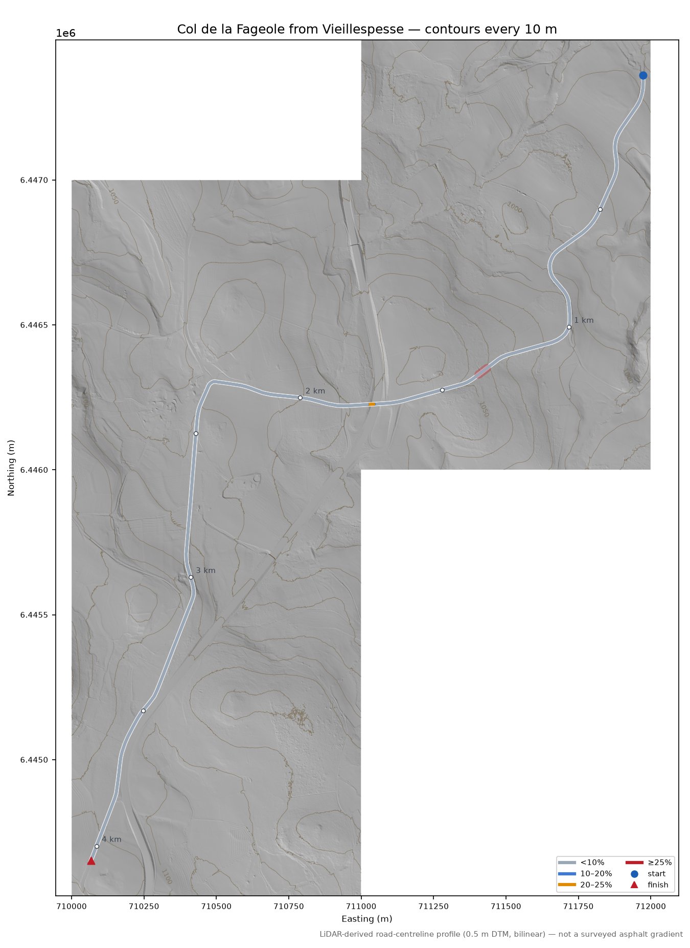 Col de la Fageole from Vieillespesse LiDAR hillshade map with contours
