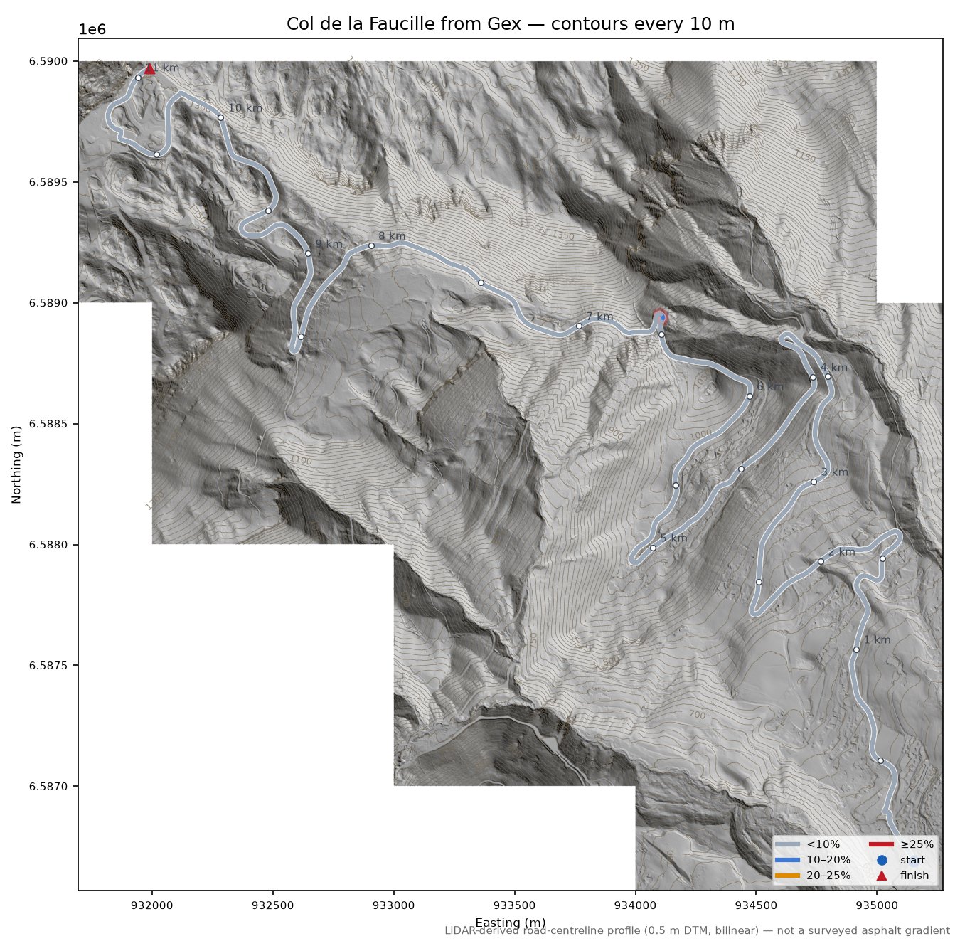 Col de la Faucille from Gex LiDAR hillshade map with contours