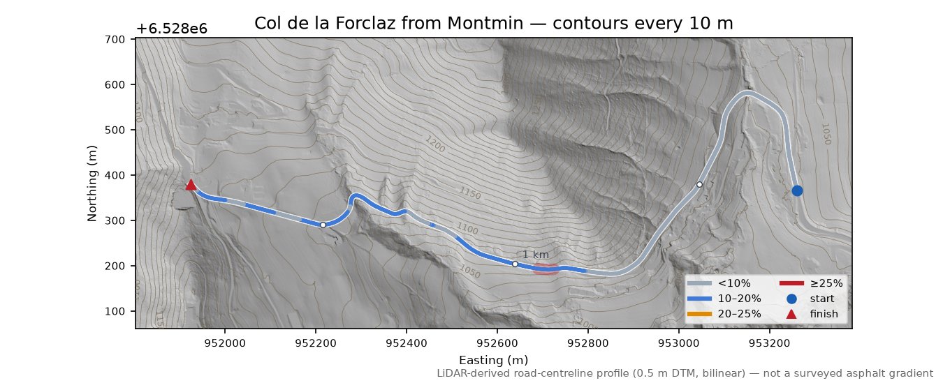 Col de la Forclaz from Montmin LiDAR hillshade map with contours