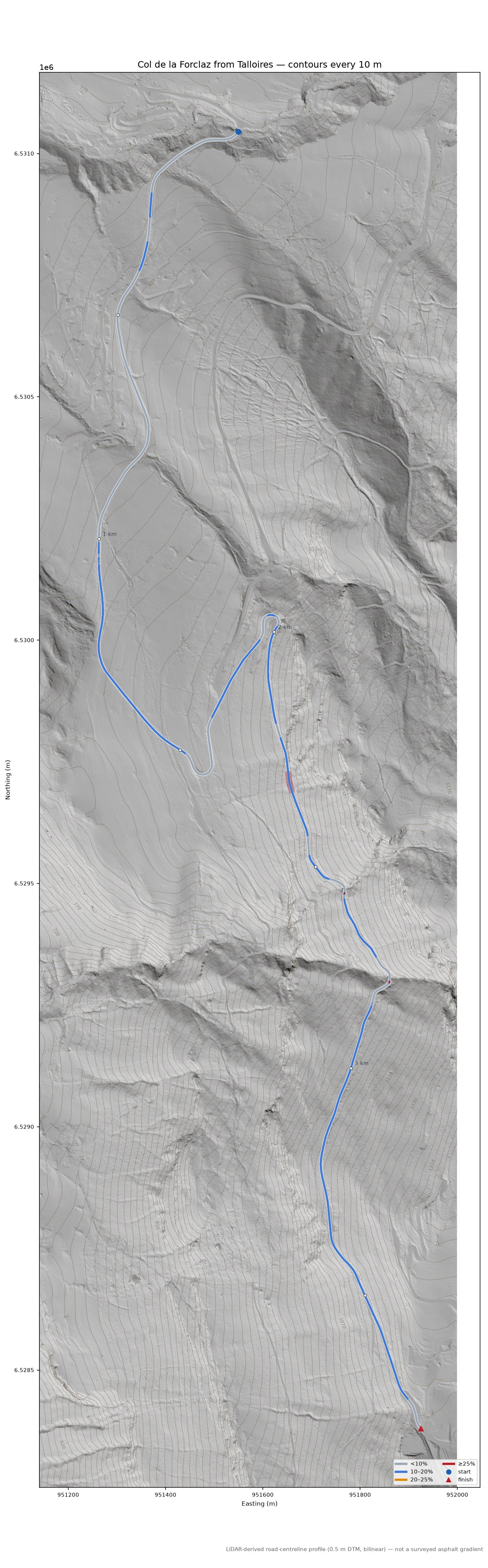 Col de la Forclaz from Talloires LiDAR hillshade map with contours