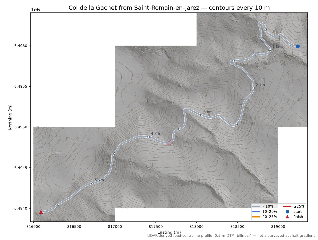 Col de la Gachet from Saint-Romain-en-Jarez LiDAR hillshade map with contours