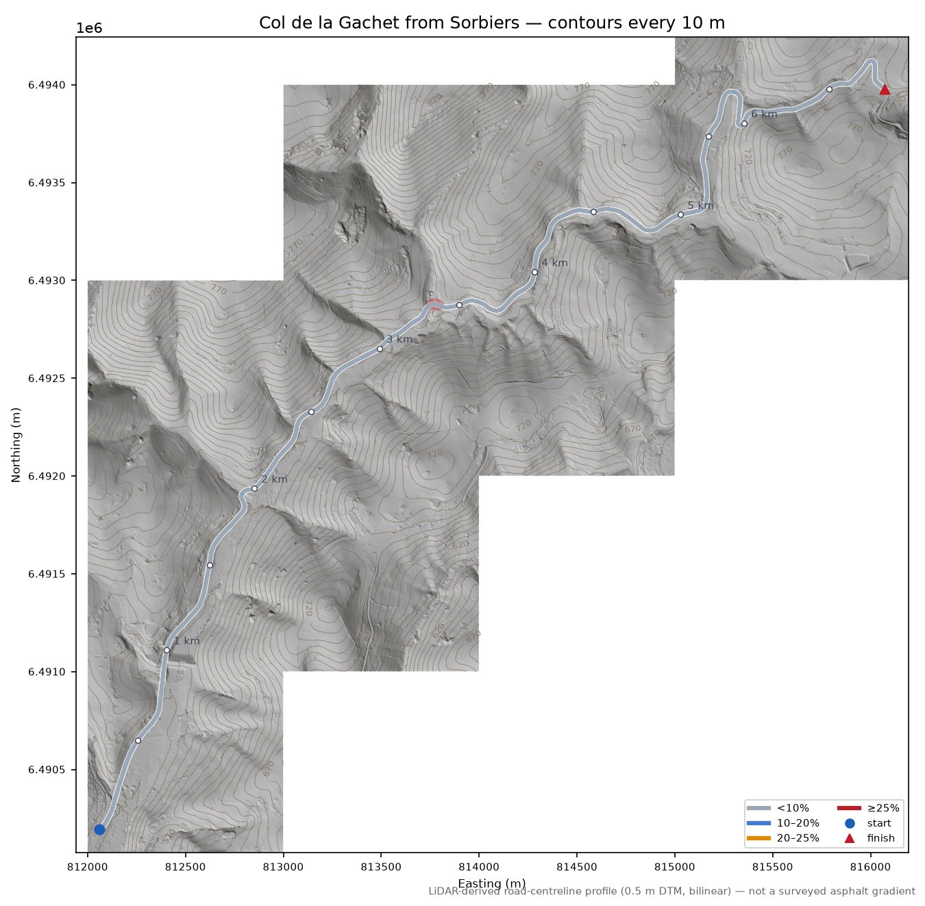 Col de la Gachet from Sorbiers LiDAR hillshade map with contours