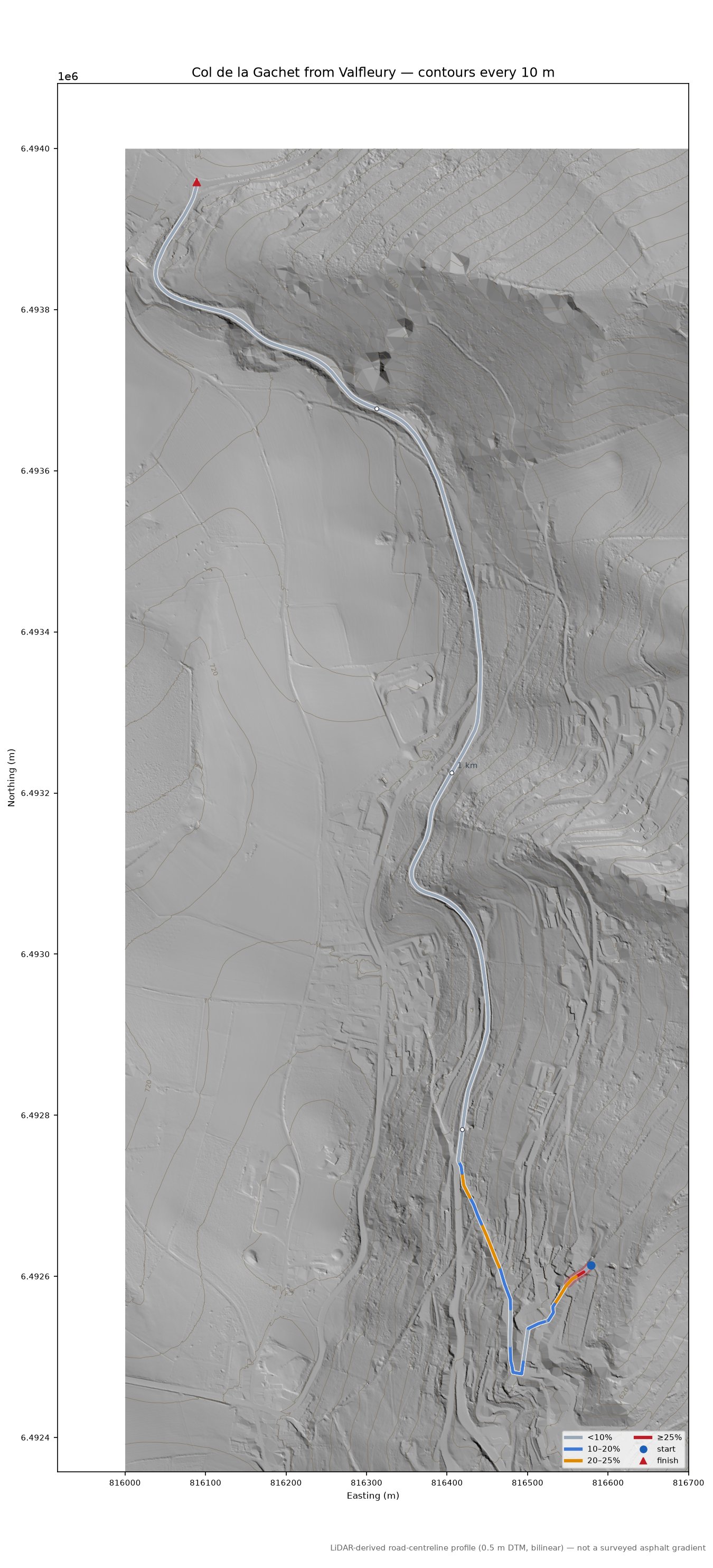 Col de la Gachet from Valfleury LiDAR hillshade map with contours