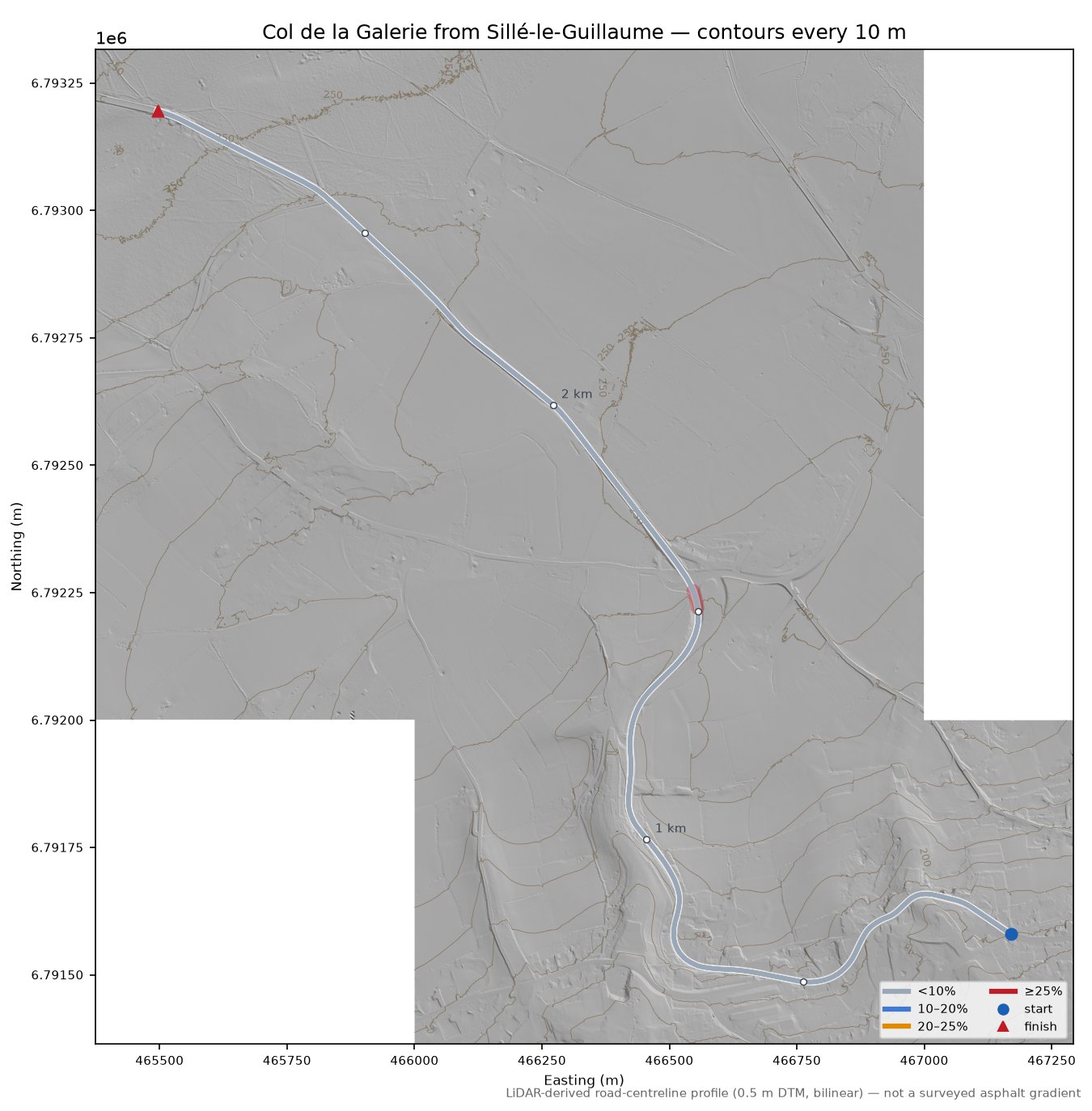 Col de la Galerie from Sillé-le-Guillaume LiDAR hillshade map with contours