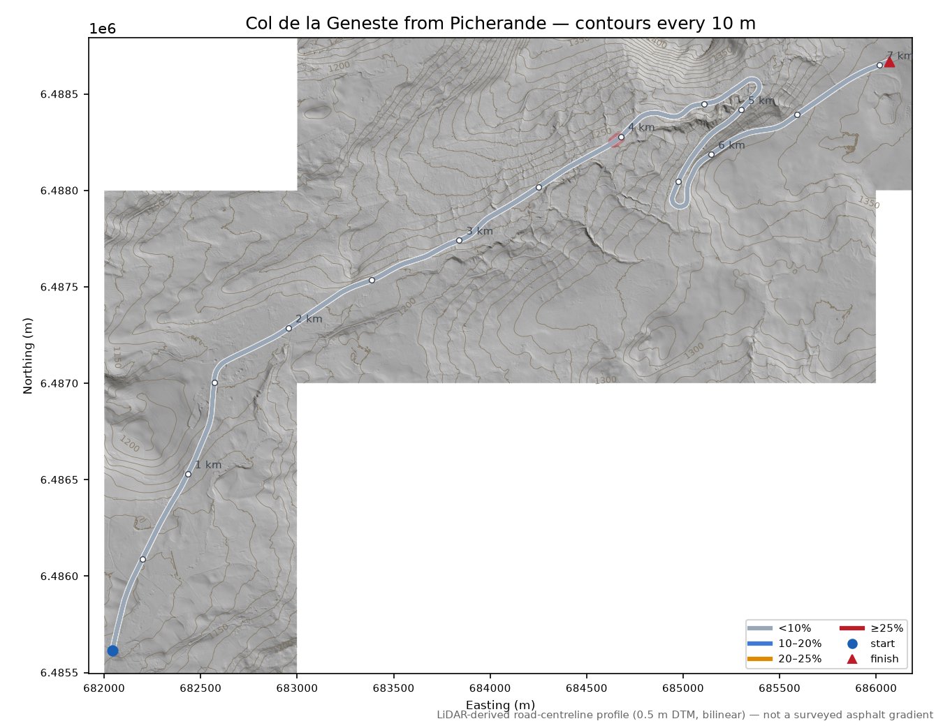 Col de la Geneste from Picherande LiDAR hillshade map with contours