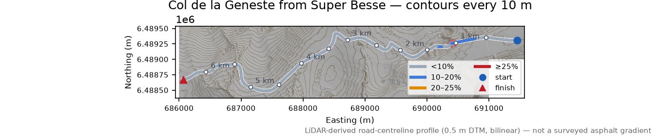 Col de la Geneste from Super Besse LiDAR hillshade map with contours