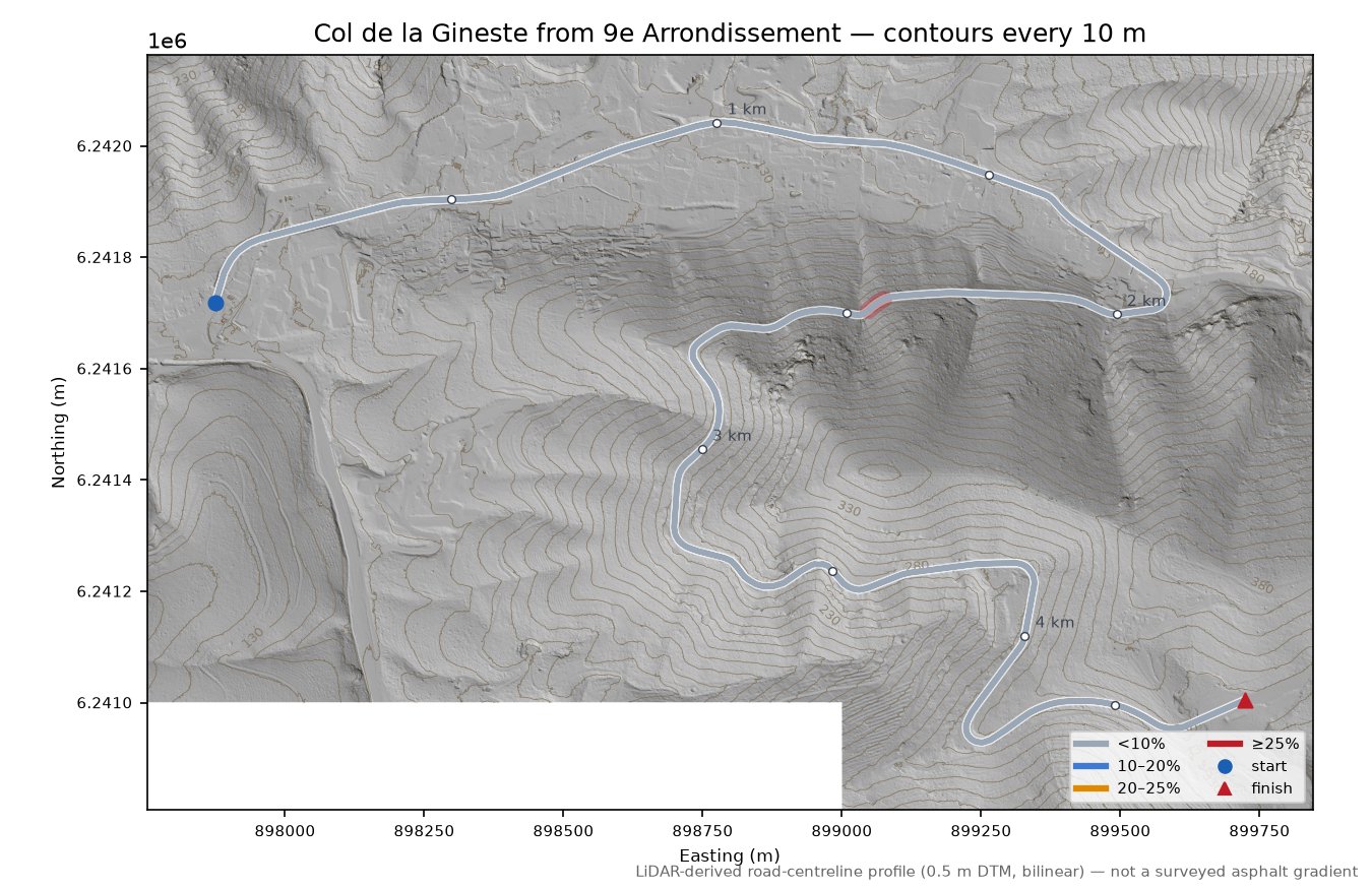Col de la Gineste from 9e Arrondissement LiDAR hillshade map with contours