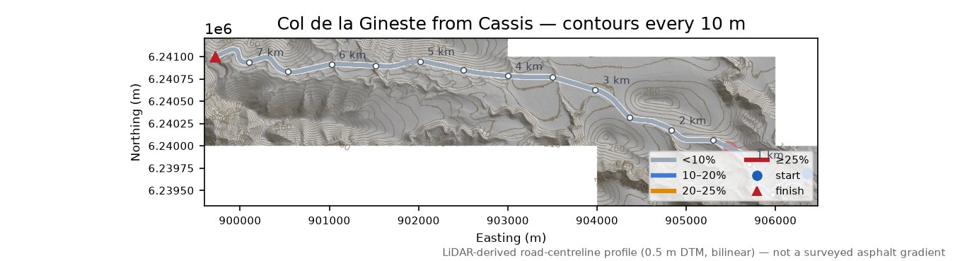 Col de la Gineste from Cassis LiDAR hillshade map with contours