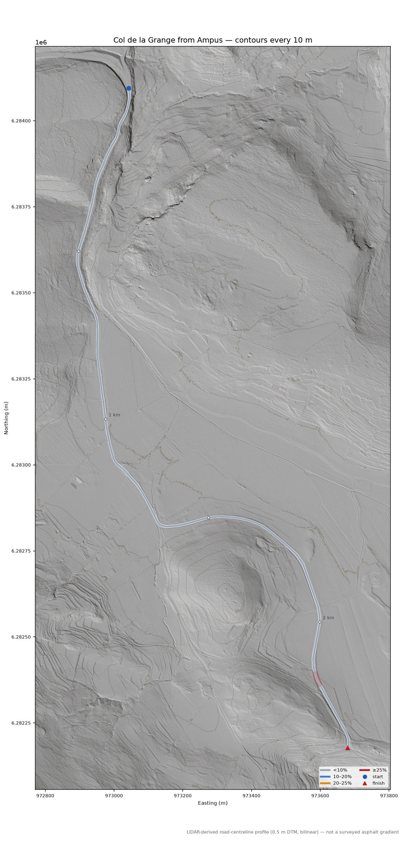 Col de la Grange from Ampus LiDAR hillshade map with contours