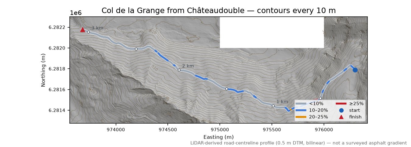 Col de la Grange from Châteaudouble LiDAR hillshade map with contours