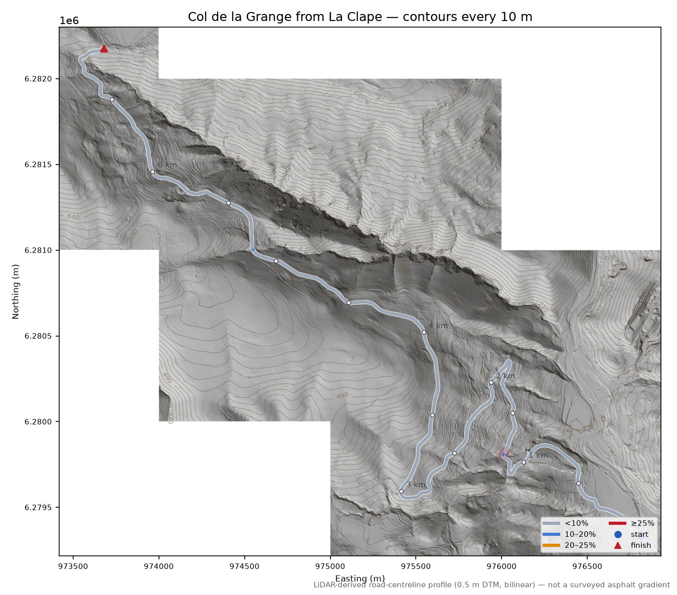 Col de la Grange from La Clape LiDAR hillshade map with contours
